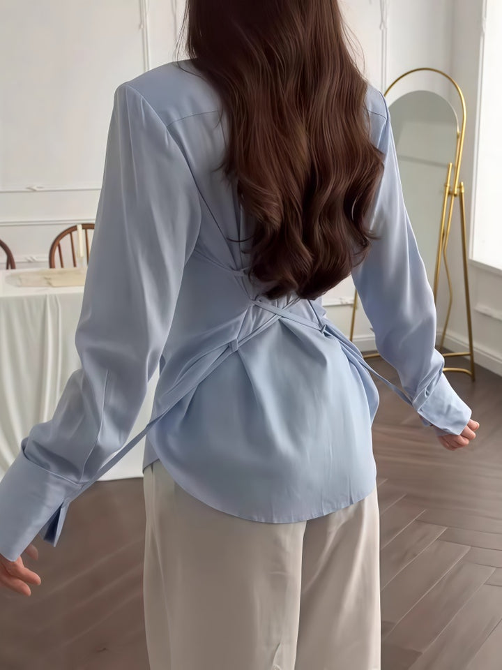 Long Sleeve Button Up Tie Front Blouse