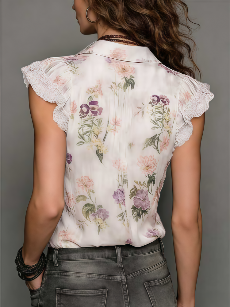 Satin Lace Trim Button-Up Blouse - Floral Print Ruffle Sleeve Shirt