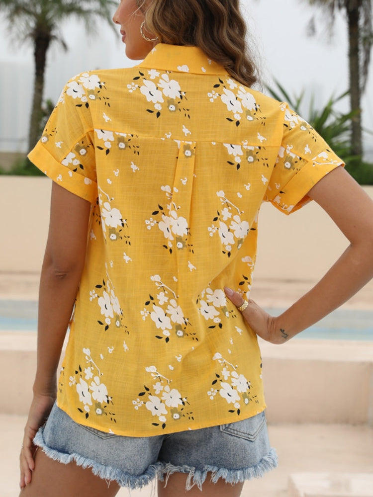Floral Print Short Sleeve Cotton Blend Button-Down Shirt