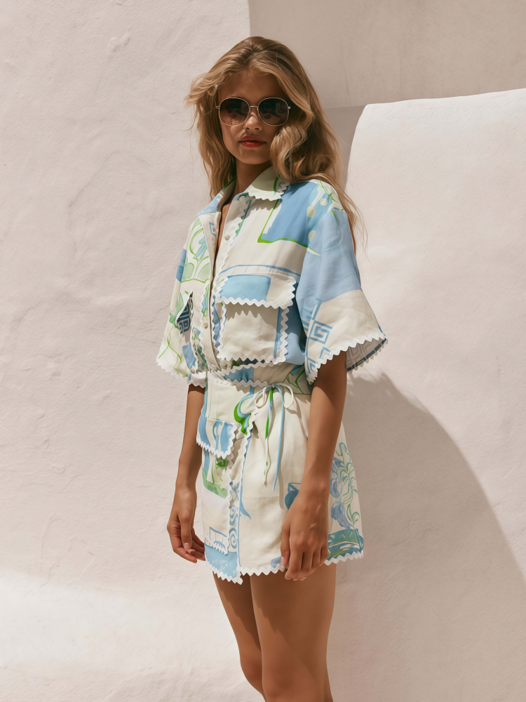 Linen Blend Two-Piece Set - Scallop Trim Shirt &amp; Wrap Skirt Co-ord