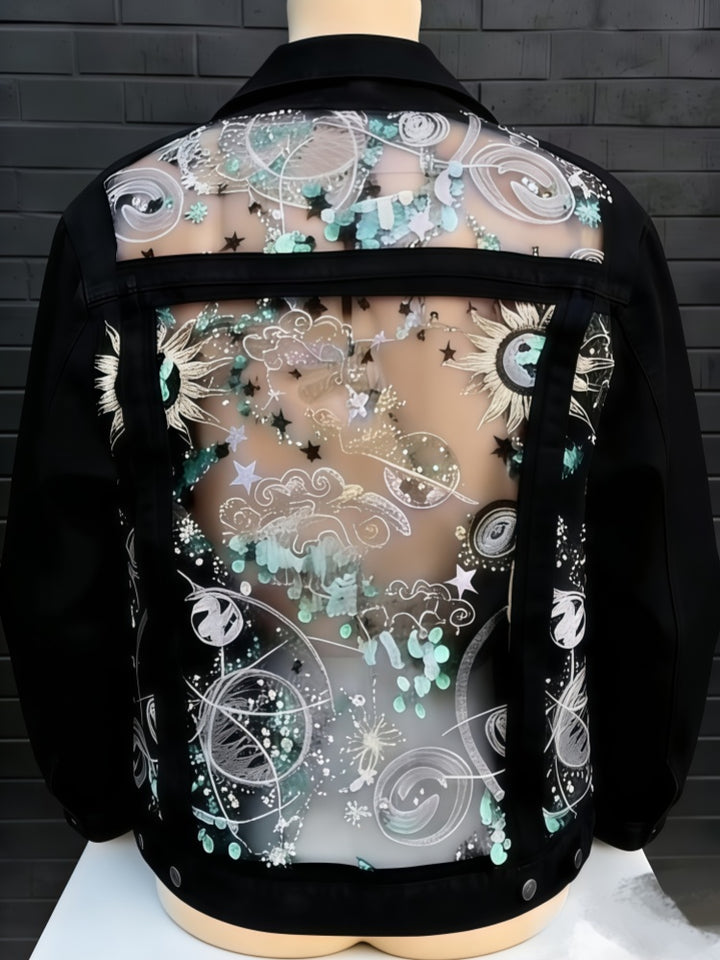 Black Denim Jacket with Sheer Celestial Embroidered Mesh Panels