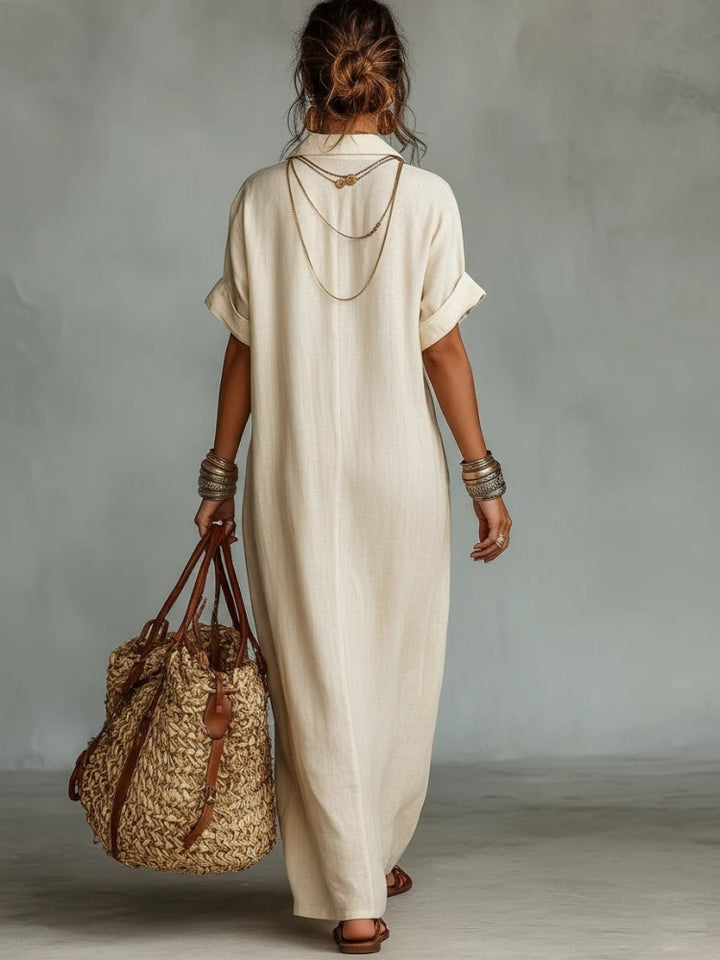 Loose-fitting embroidered collar cotton linen pocket dress