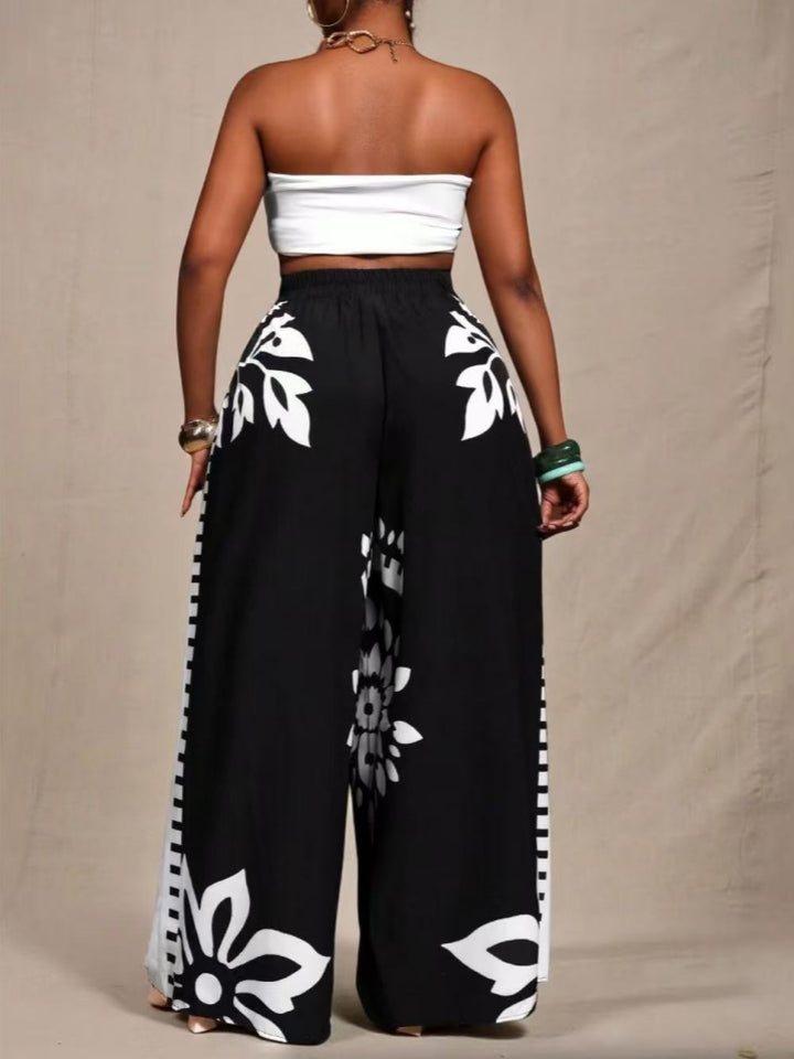 Stylish and elegant bohemian print straight-leg wide-leg trousers