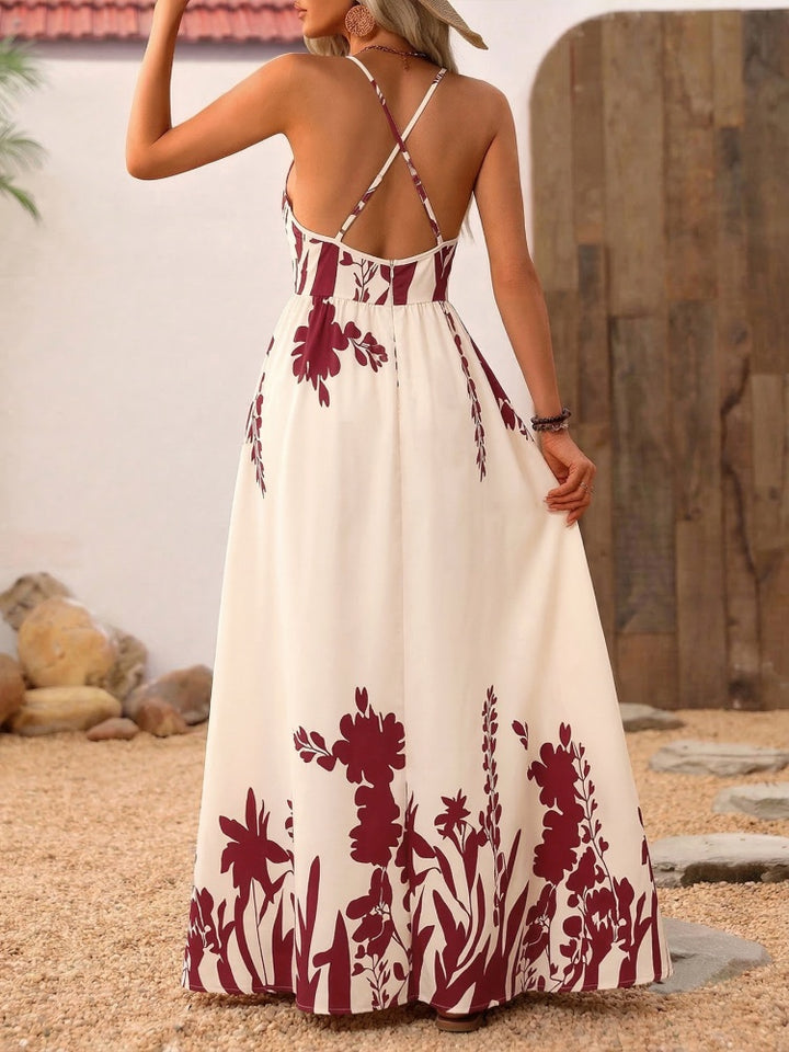 Tropical Print Crisscross Back Dress with Spaghetti Straps