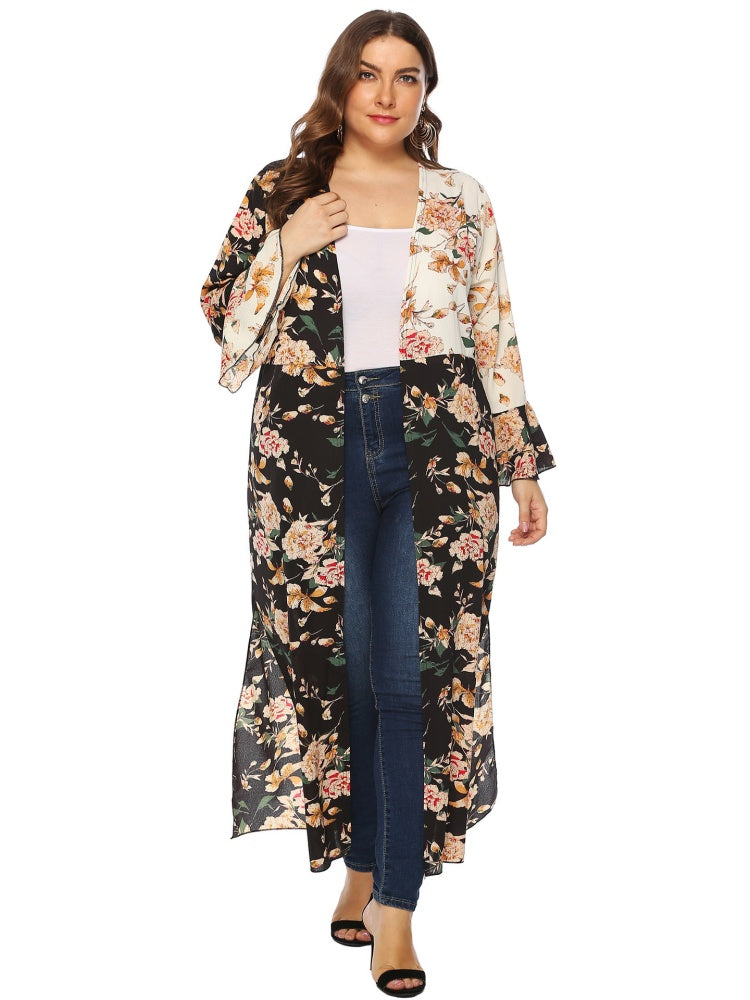 Irregular color-blocked printed ruffle cardigan jacket