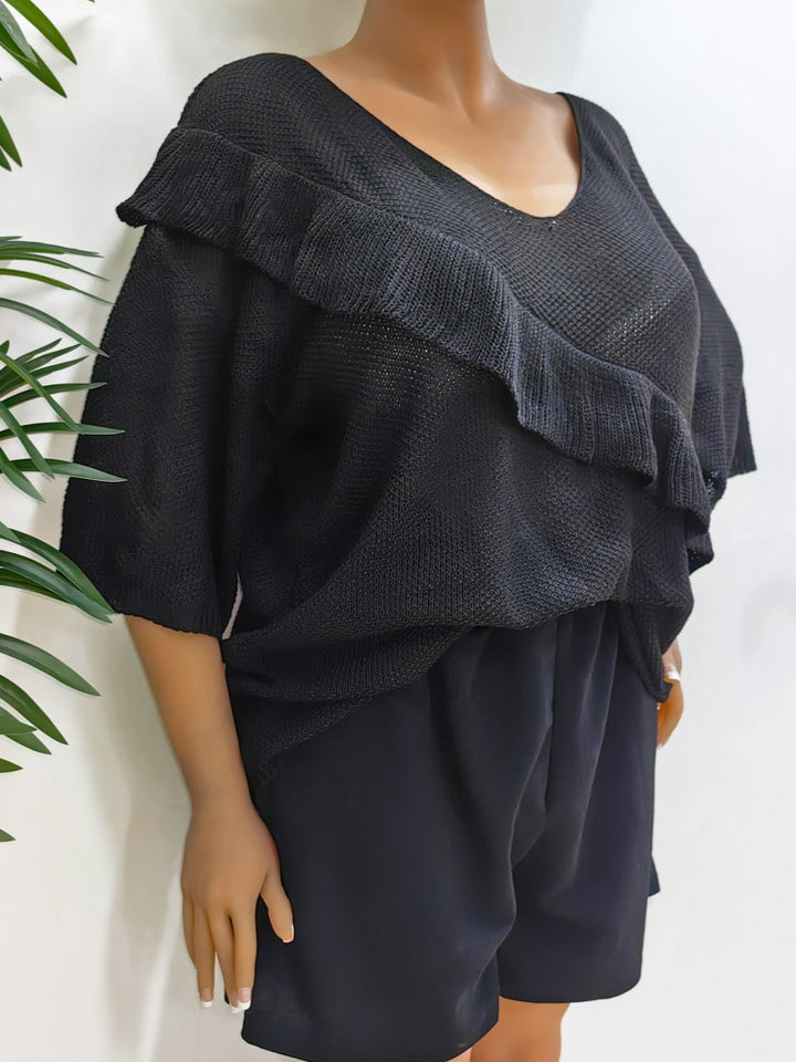Ruffled patchwork machine-knitted loose sweater