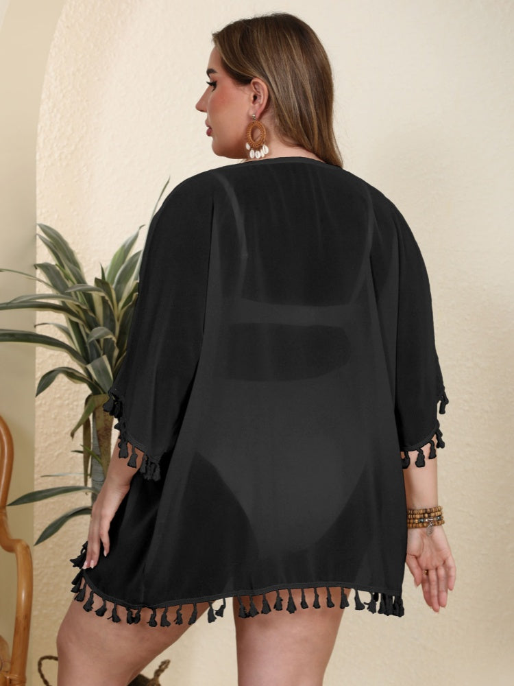 Casual solid color tassel patchwork sun protection cover-up