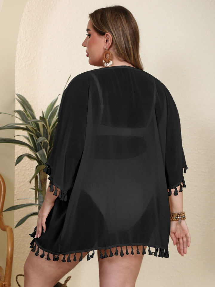 Casual solid color tassel patchwork sun protection cover-up
