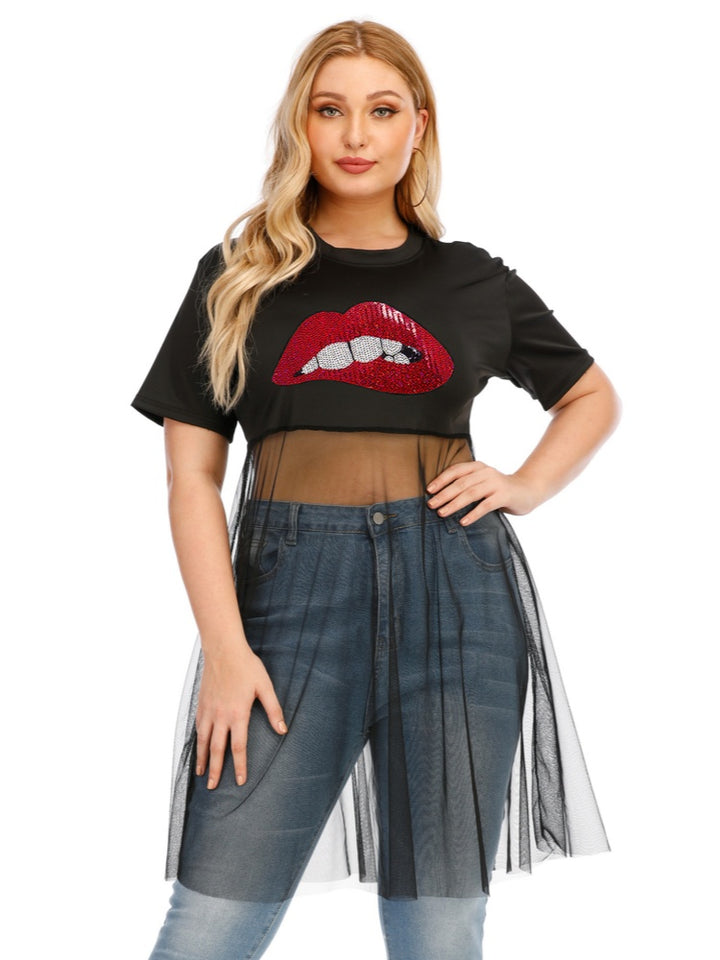 Lip sequin embroidery mesh patchwork T-shirt top
