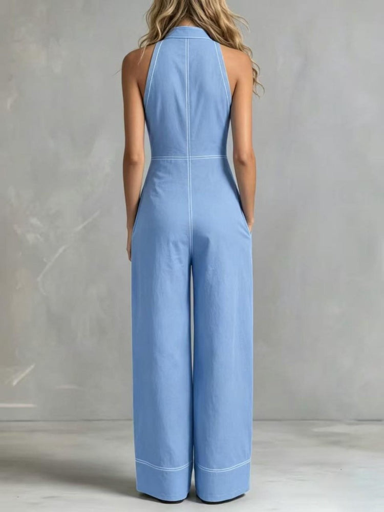 Deep V-neck stand-up collar sleeveless casual jumpsuit