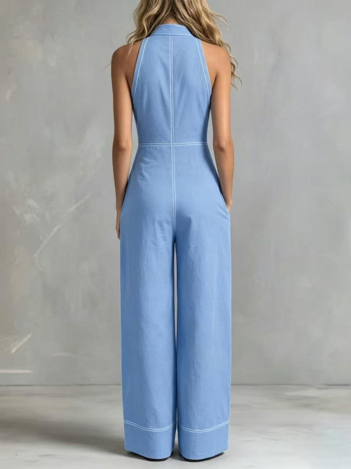 Deep V-neck stand-up collar sleeveless casual jumpsuit