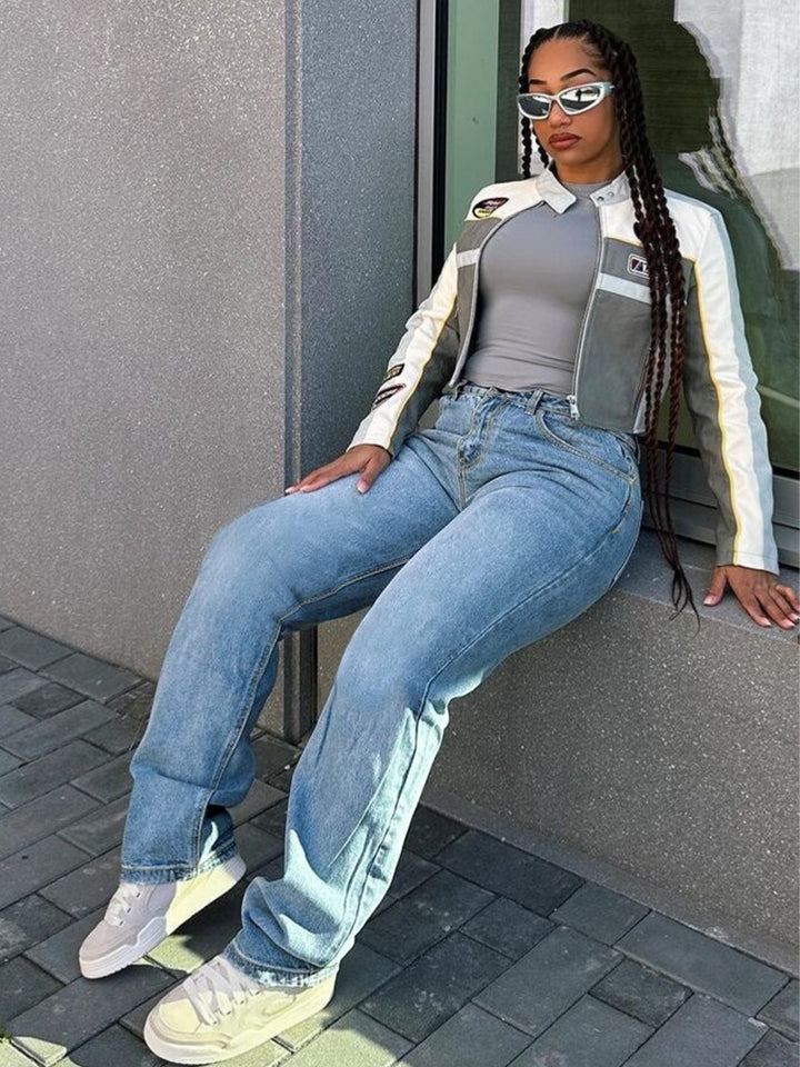 High-elasticity zipper slim-fit wide-leg jeans