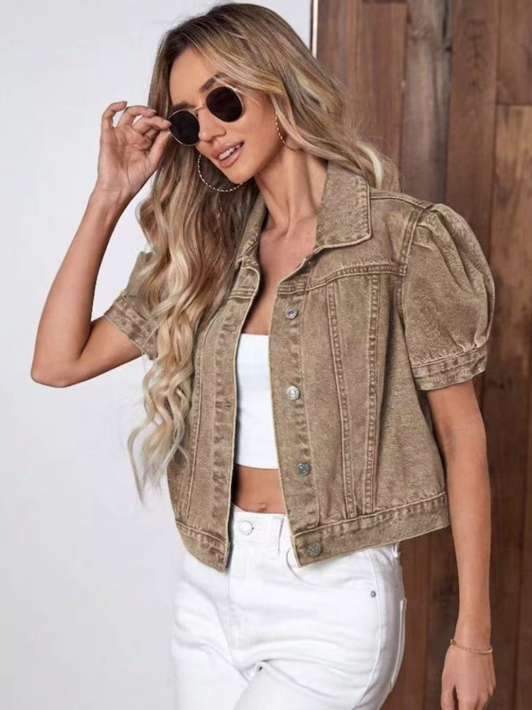 Cropped denim jacket with puff sleeves