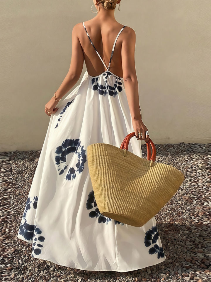 French Elegant Floral Backless Spaghetti Strap Maxi Dress