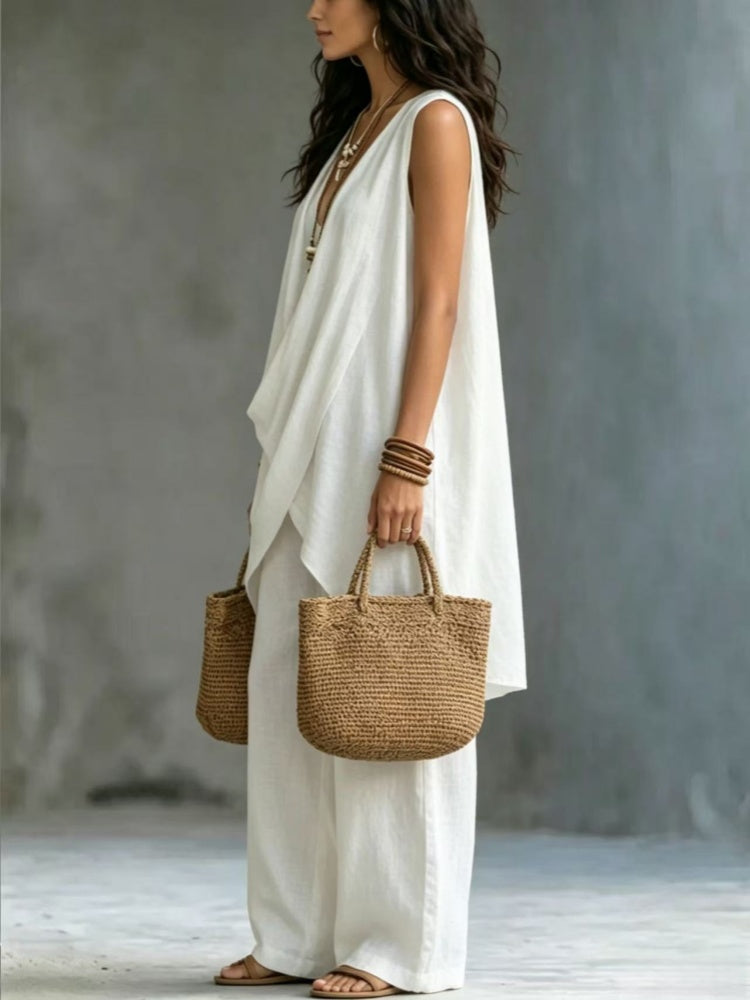 Sleeveless Stand Collar Cotton Linen Resort Two Piece Set