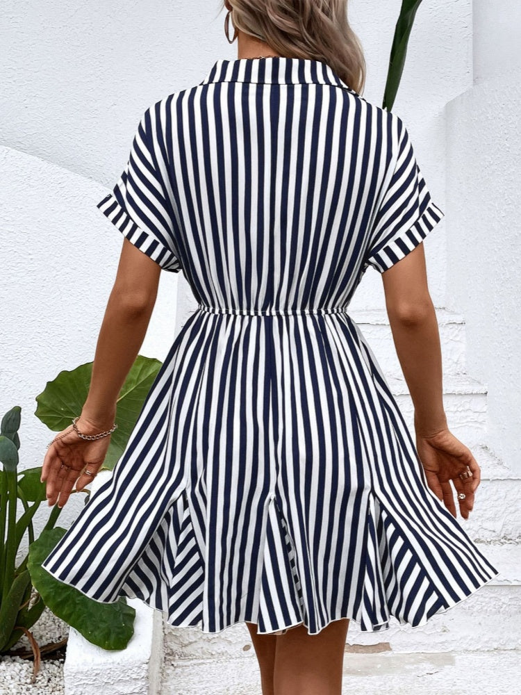 Versatile Drawstring Waist Striped Shirt Dress