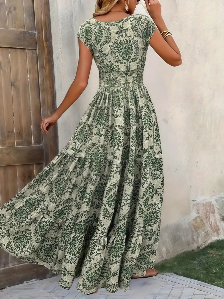 V-neck printed fitted waist maxi dress