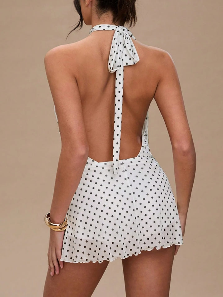 Sleeveless halter neck fitted waist mesh dress