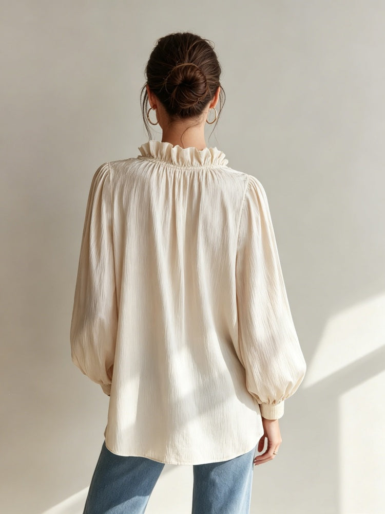 Loose-fit ruffled V-neck puff-sleeve shirt