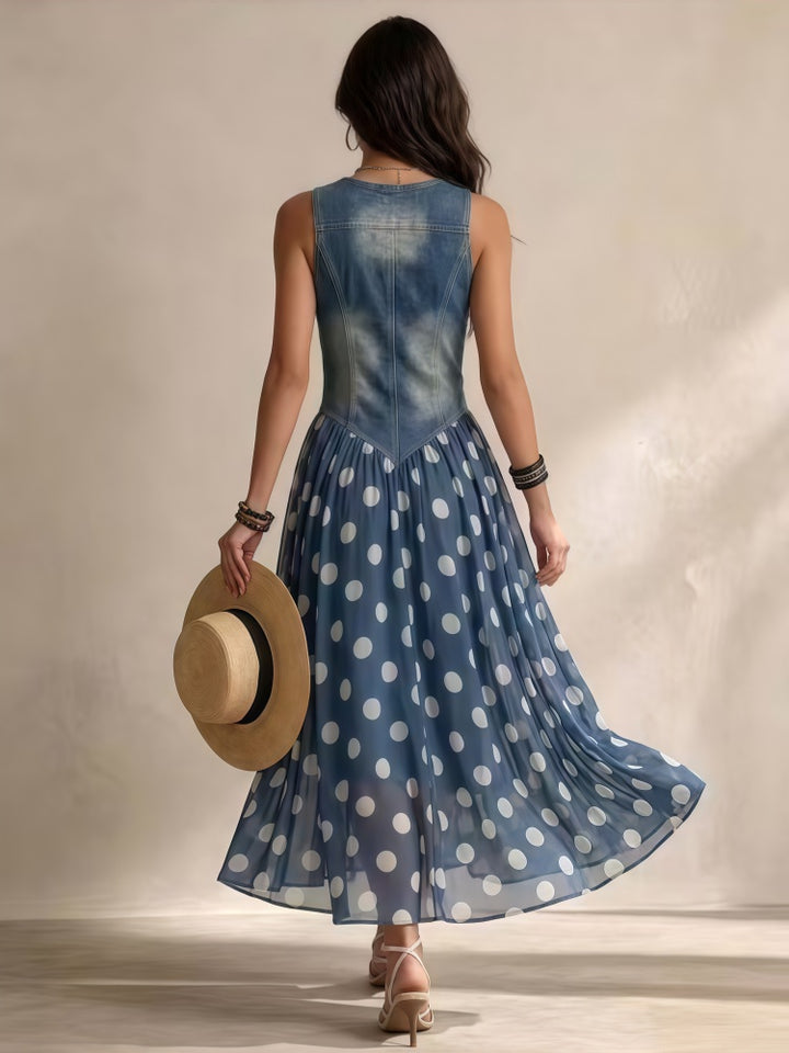 Casual Printed Denim-Look Polka Dot Dress