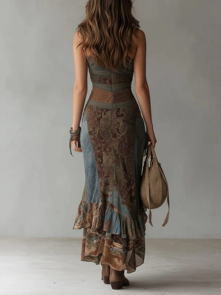 Retro patchwork asymmetrical long dress with high slit