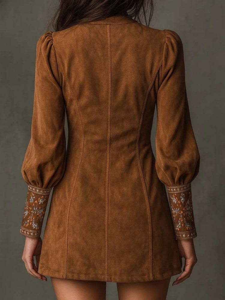 V-neck embroidered long-sleeved dress