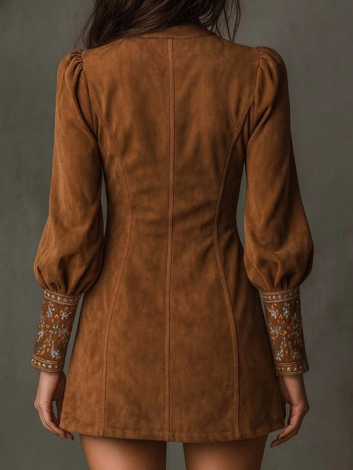 V-neck embroidered long-sleeved dress