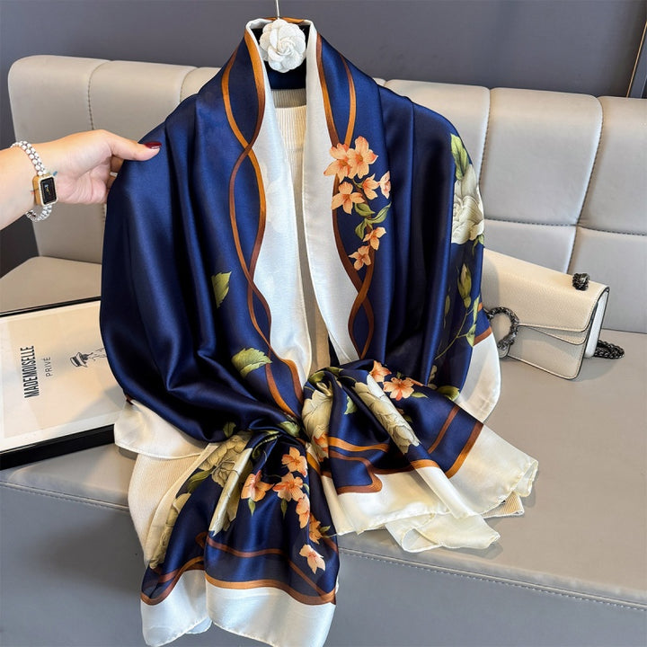 Luxury Floral Print Satin Silk Scarf