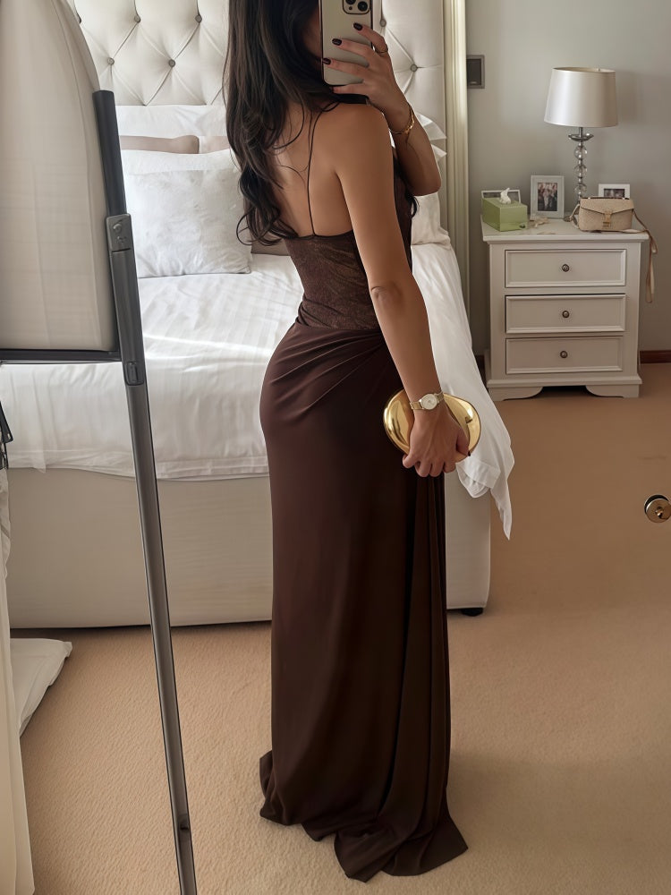 Spaghetti Strap Lace Bodice Draped Maxi Dress