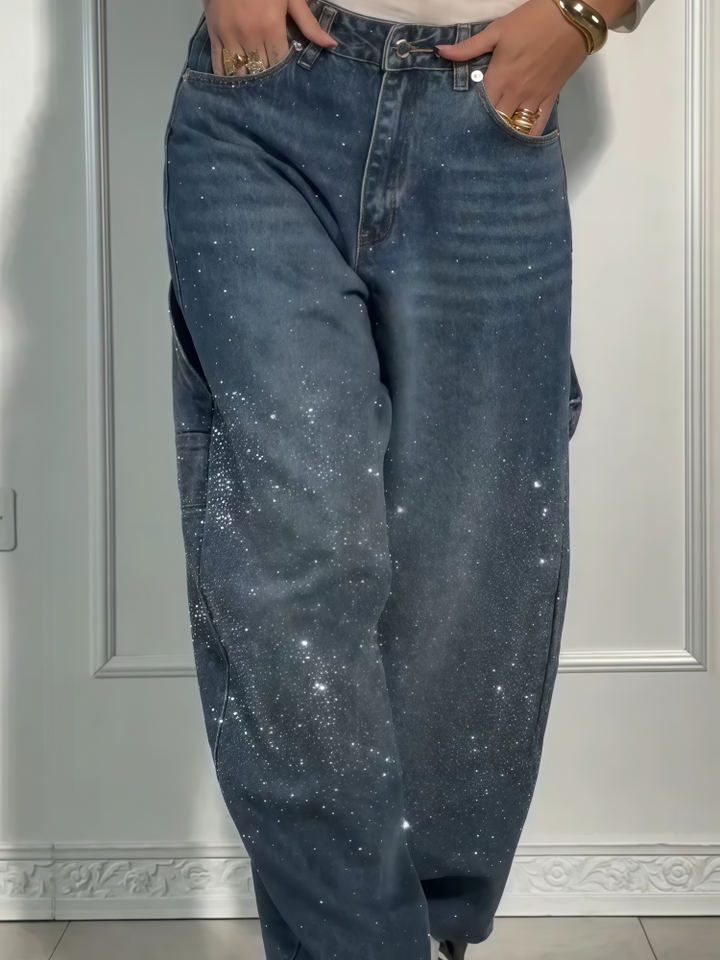 High Waist All Over Rhinestone Straight Leg Cargo Jeans