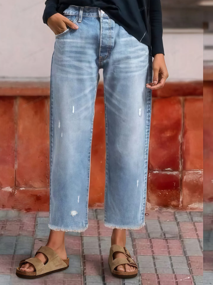 Fringe-trimmed stretch straight leg cropped jeans