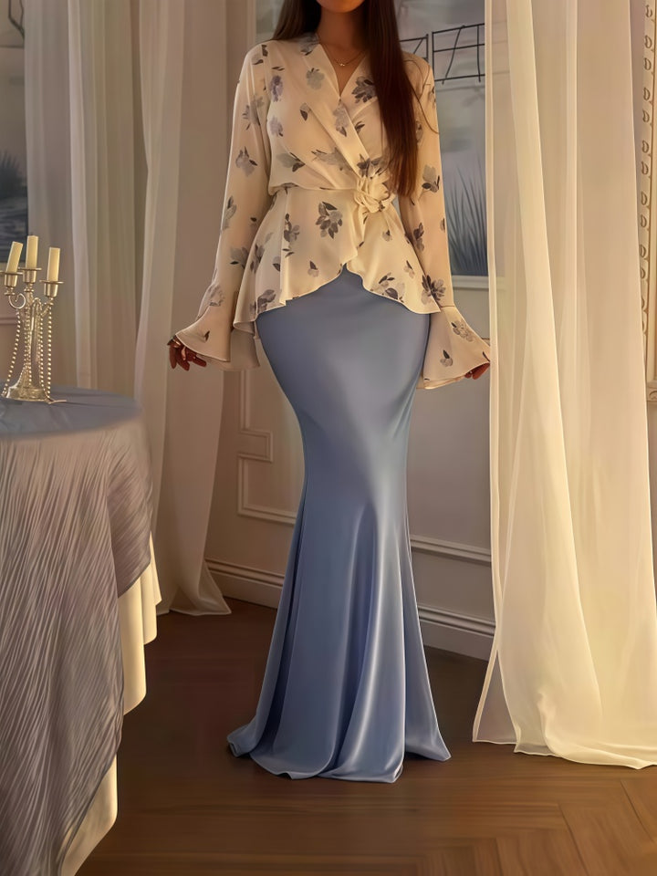 Floral Wrap Top &amp; Mermaid Skirt Two-Piece Set