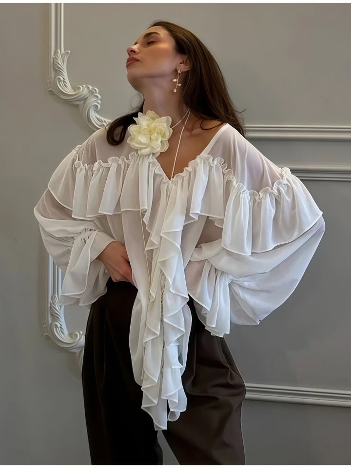 Ruffled V Neck Blouse | Oversized Flared Bell Long Sleeve Loose Chiffon Top