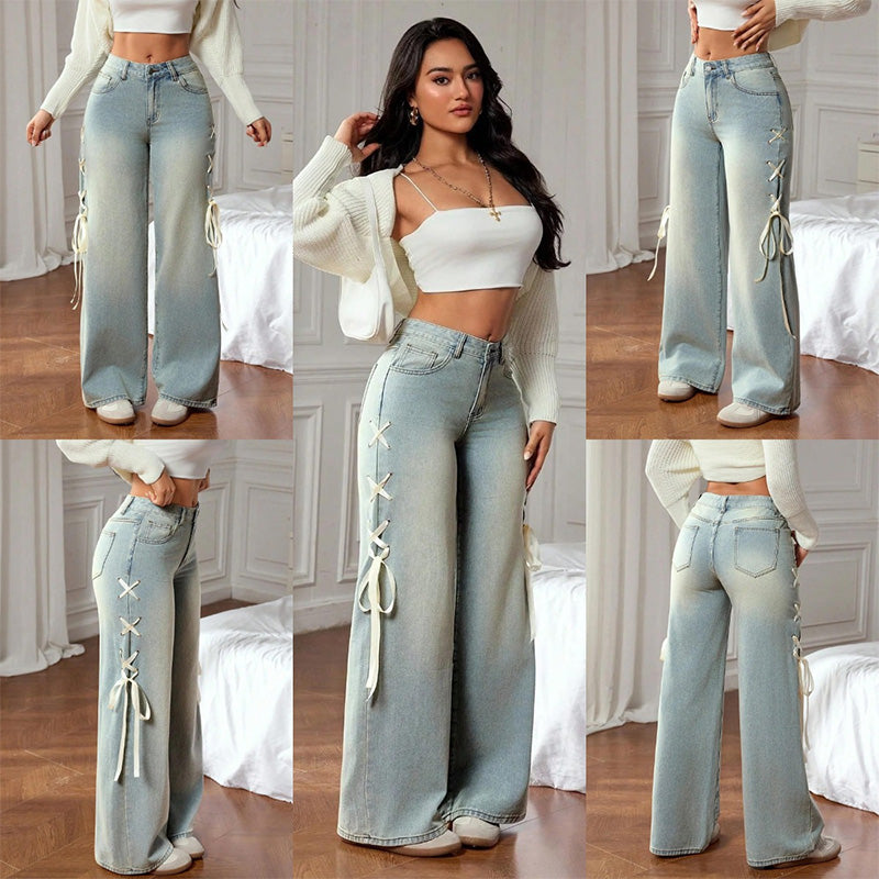 Casual wide-leg jeans with ribbons