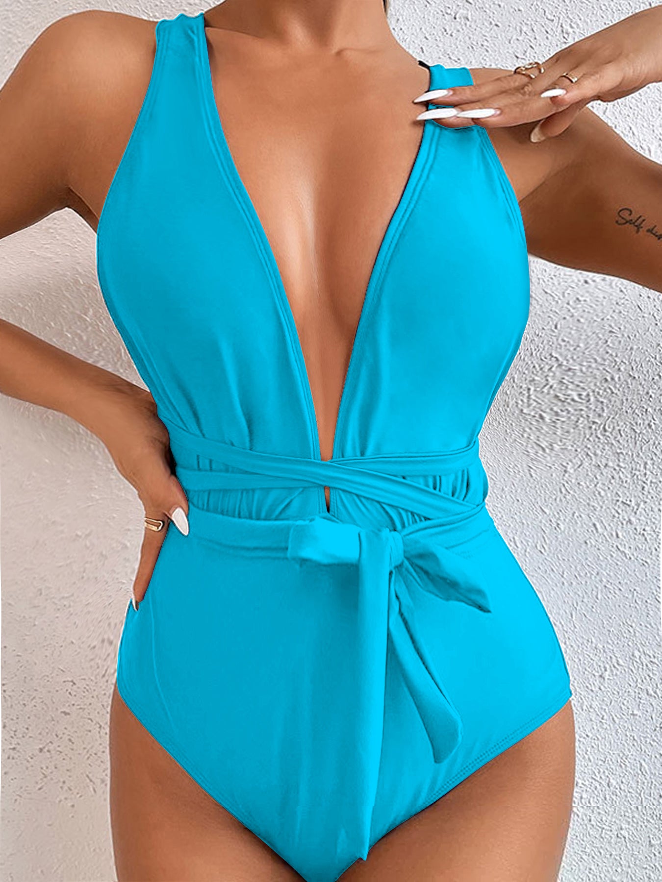 Elegant Deep V One-Piece Swimsuit with Waist Tie – Multiple Colors