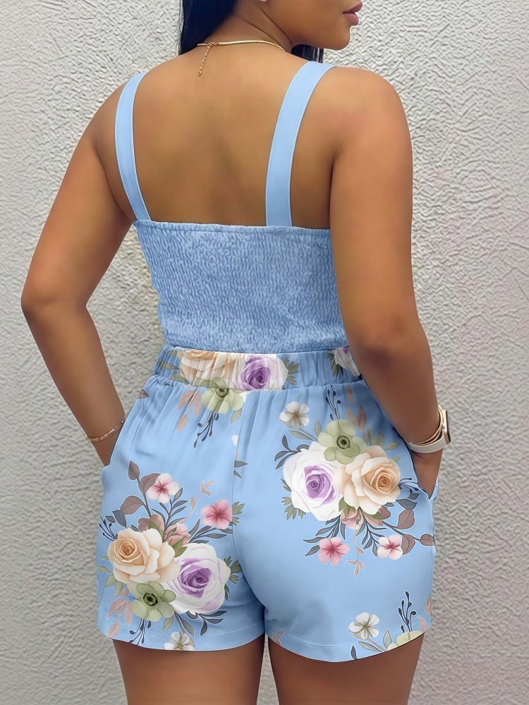Floral Print Two-Piece Set - Bow Front Tank Top &amp; High-Waisted Shorts Co-ord