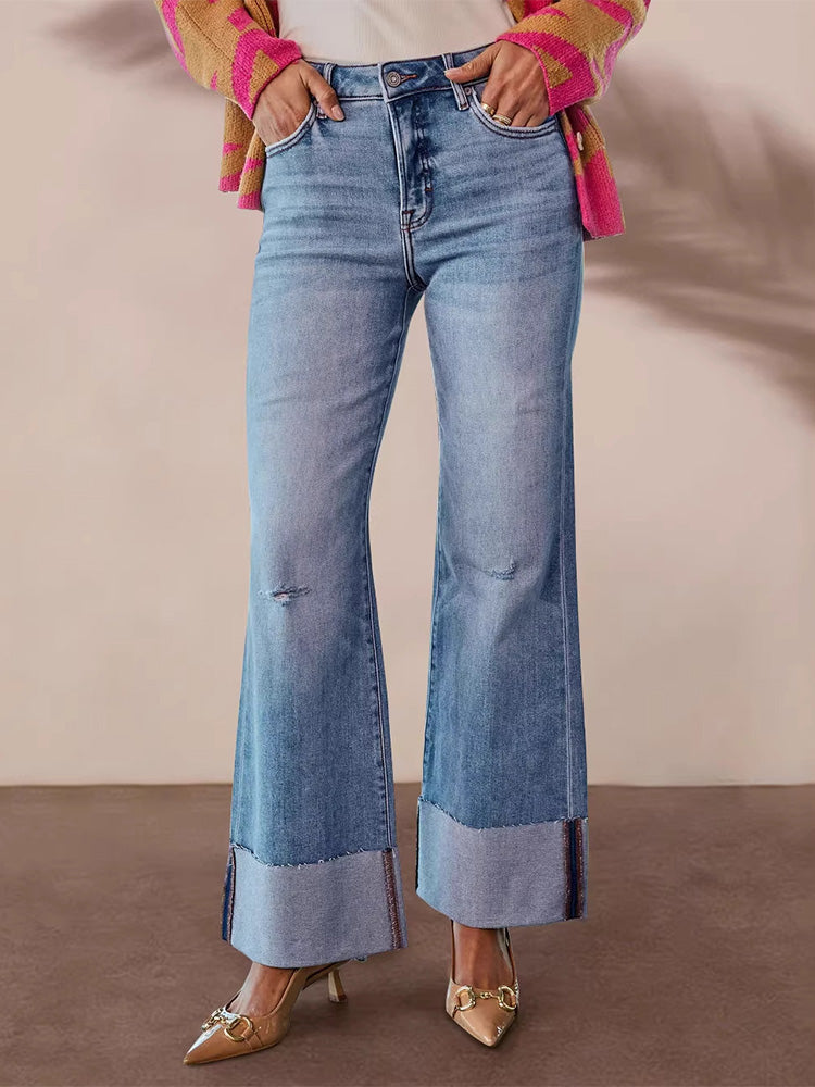 Washed high-waisted rolled-up ripped patchwork straight leg jeans