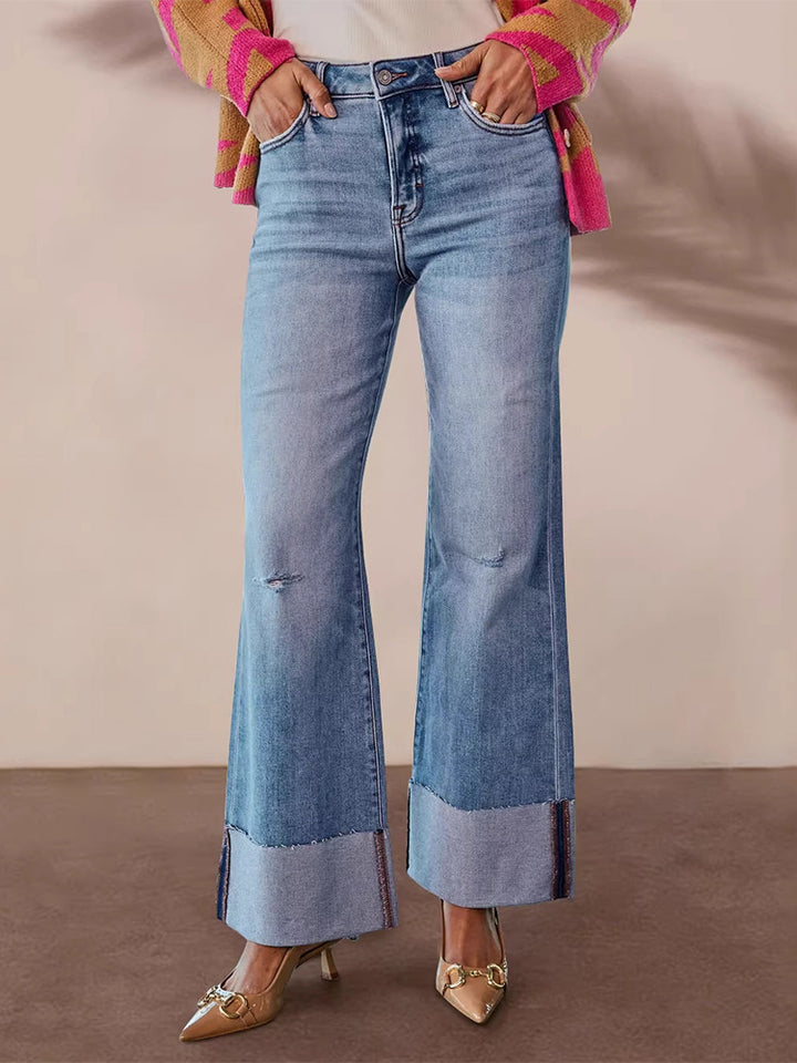 Washed high-waisted rolled-up ripped patchwork straight leg jeans