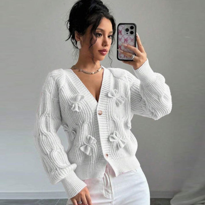 Solid color long-sleeved bow-tie knit cardigan top