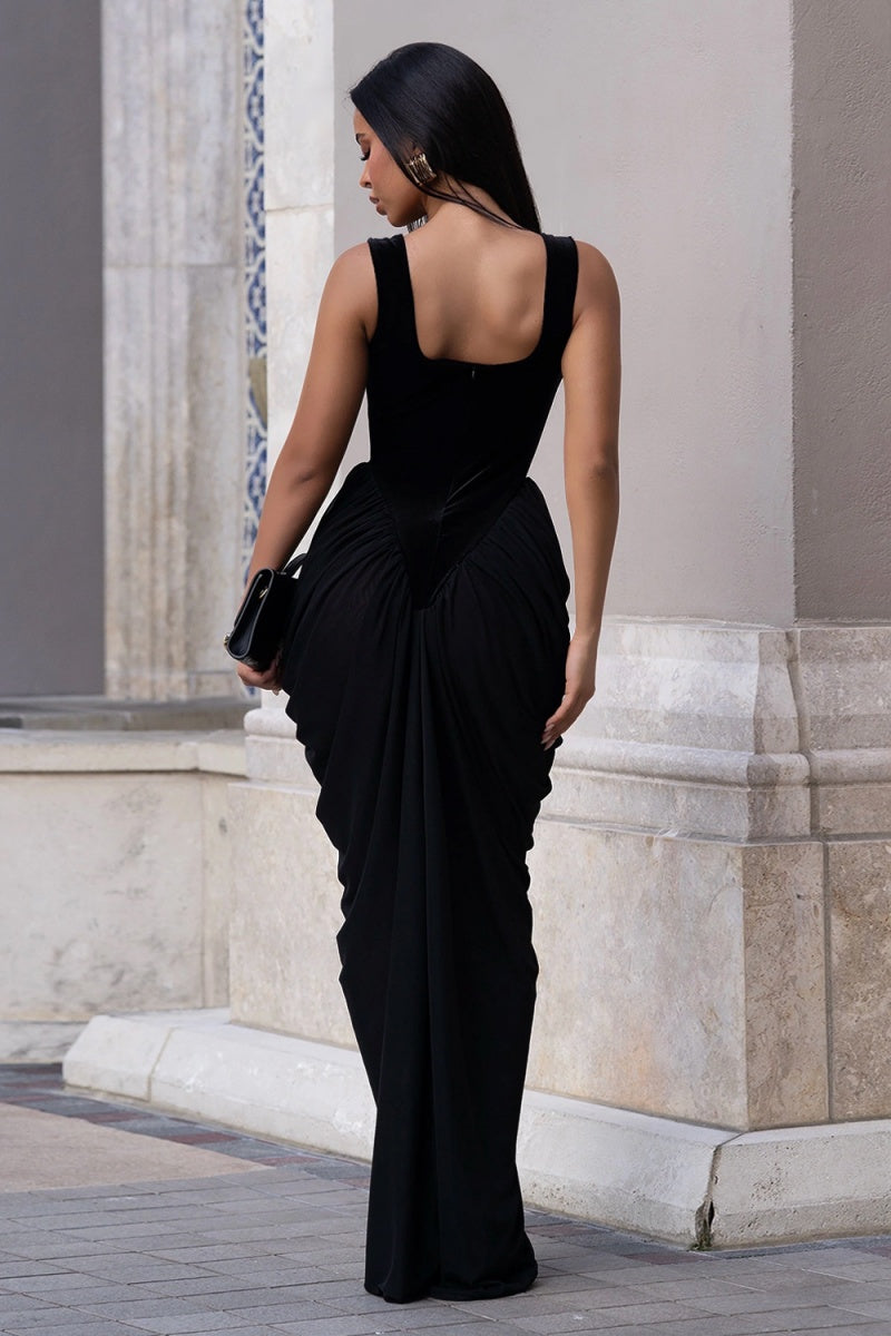 Square Neck Velvet Spliced Ruched Mermaid Maxi Dress