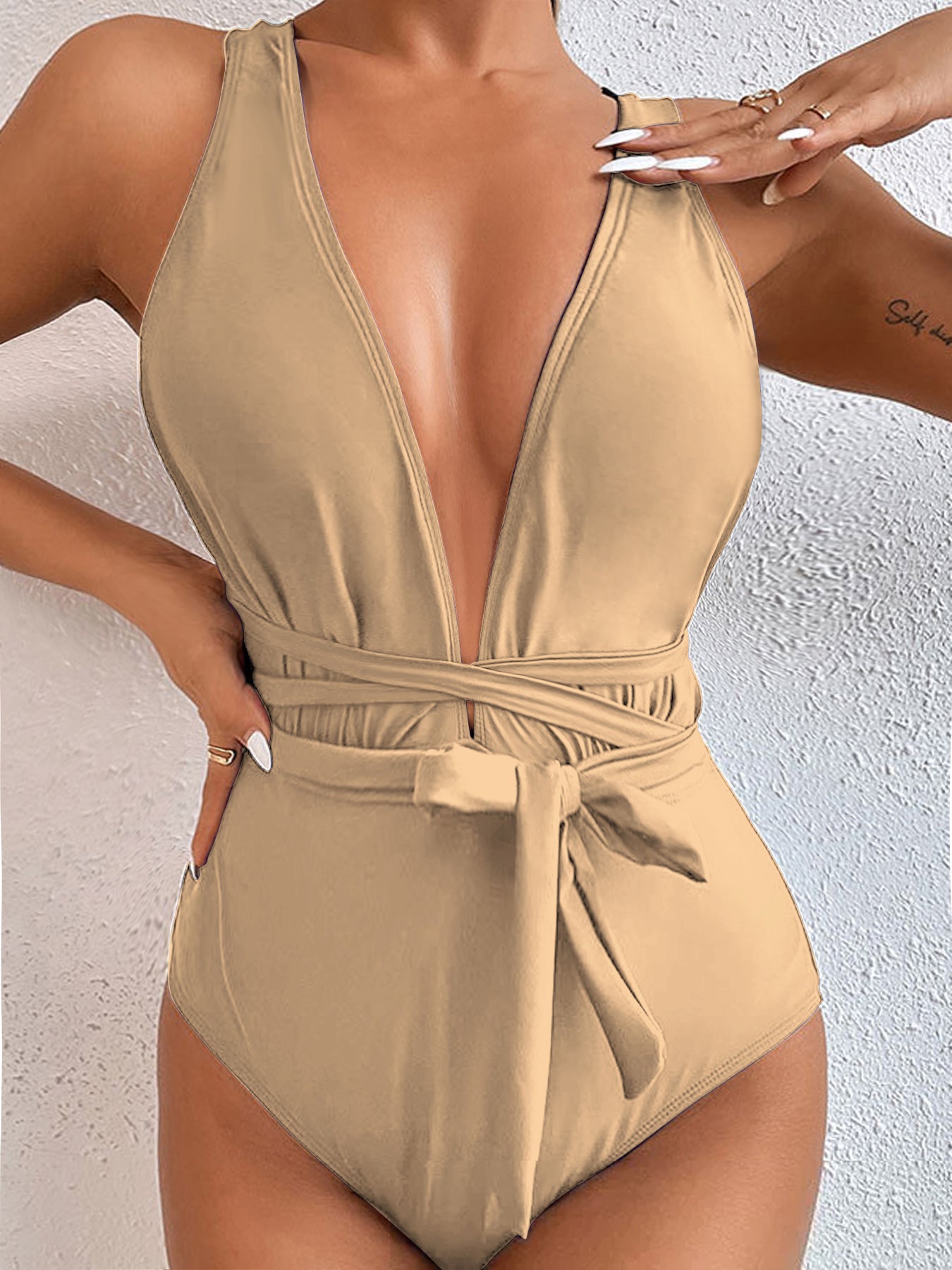Elegant Deep V One-Piece Swimsuit with Waist Tie – Multiple Colors