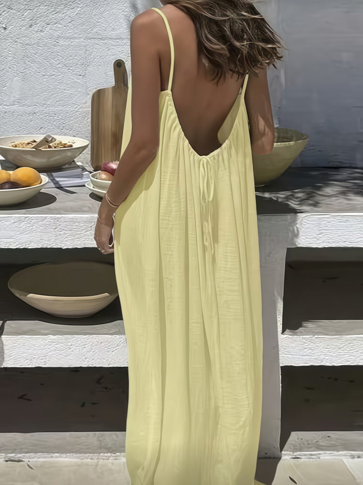 Spaghetti Strap Open Back Pleated Maxi Dress