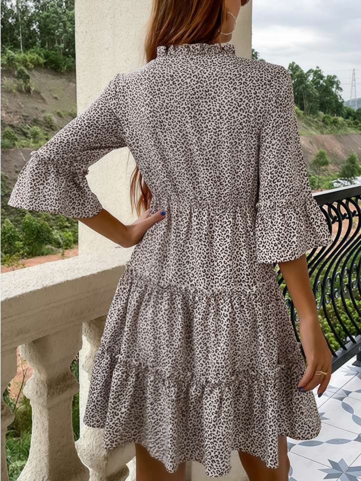 Fashionable leopard print ruffled fitted dress