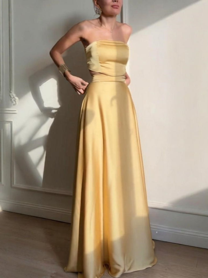 Gold Satin Strapless Cut-Out Two Piece Maxi Skirt Set