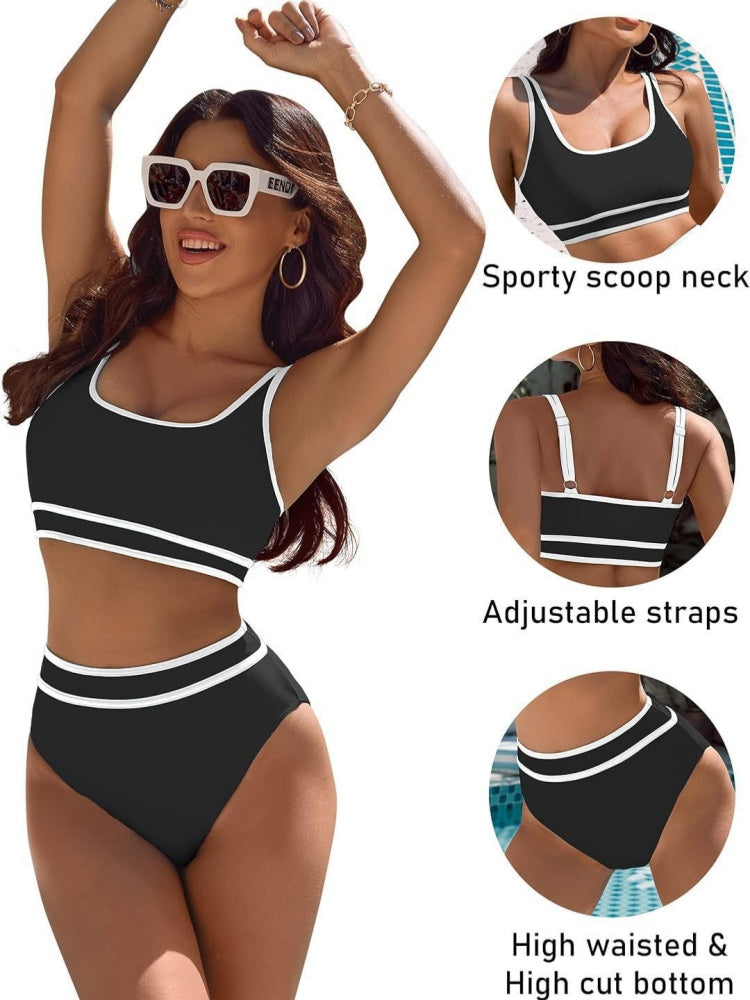 Contrast Trim Stripe High Waisted Bikini Set