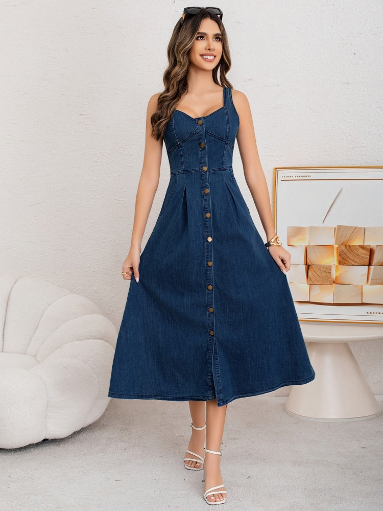 Sleeveless Spaghetti Strap Midi A-Line Denim Dress