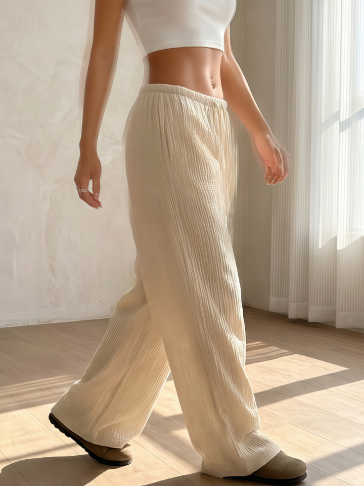 Cotton Crinkle Drawstring Waist Wide-Leg Pants