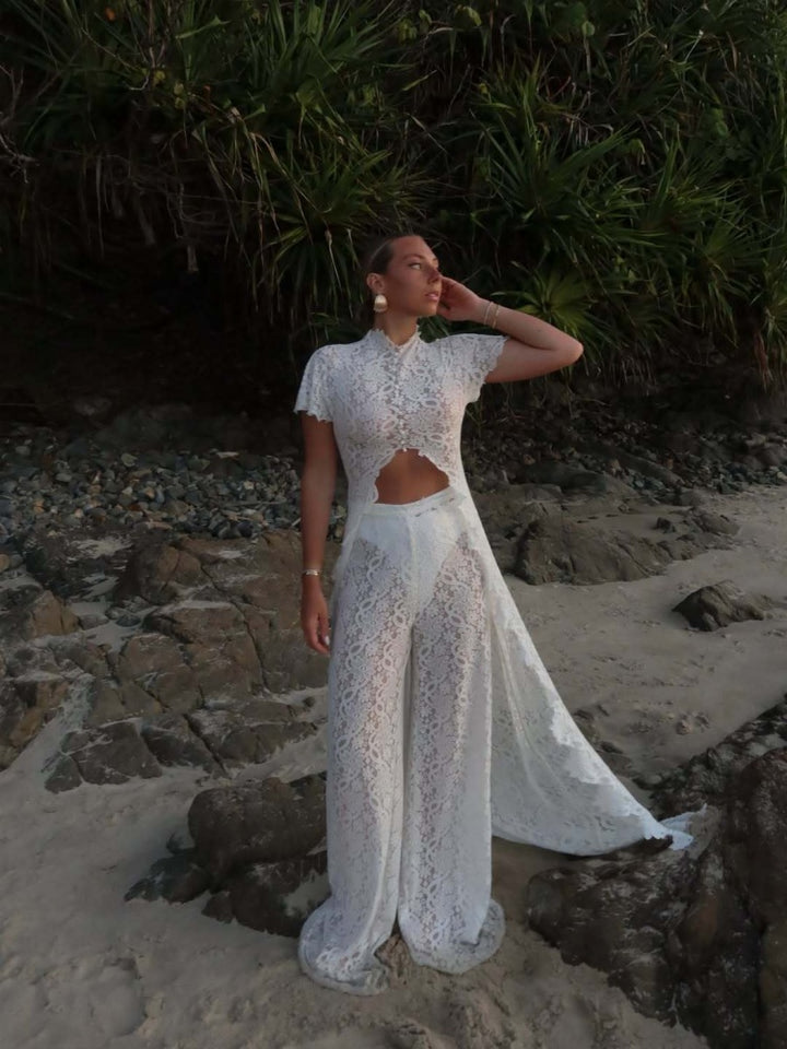 White Lace High Neck Short Sleeve Cutout Maxi Dress