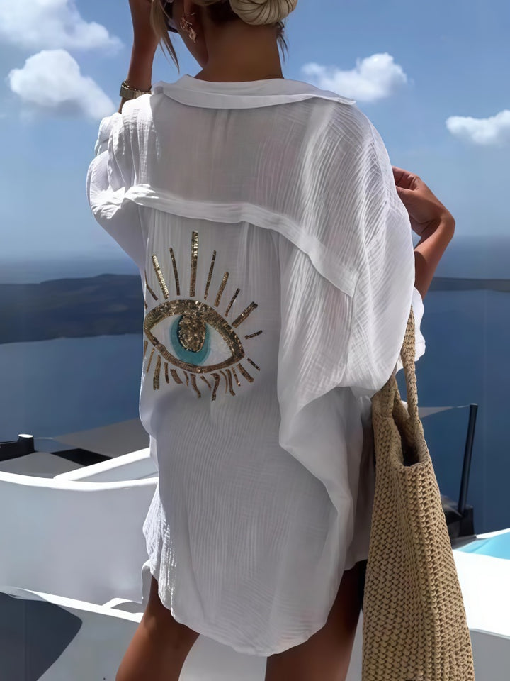 Evil Eye Sequin Print Linen Blend Oversized Shirt