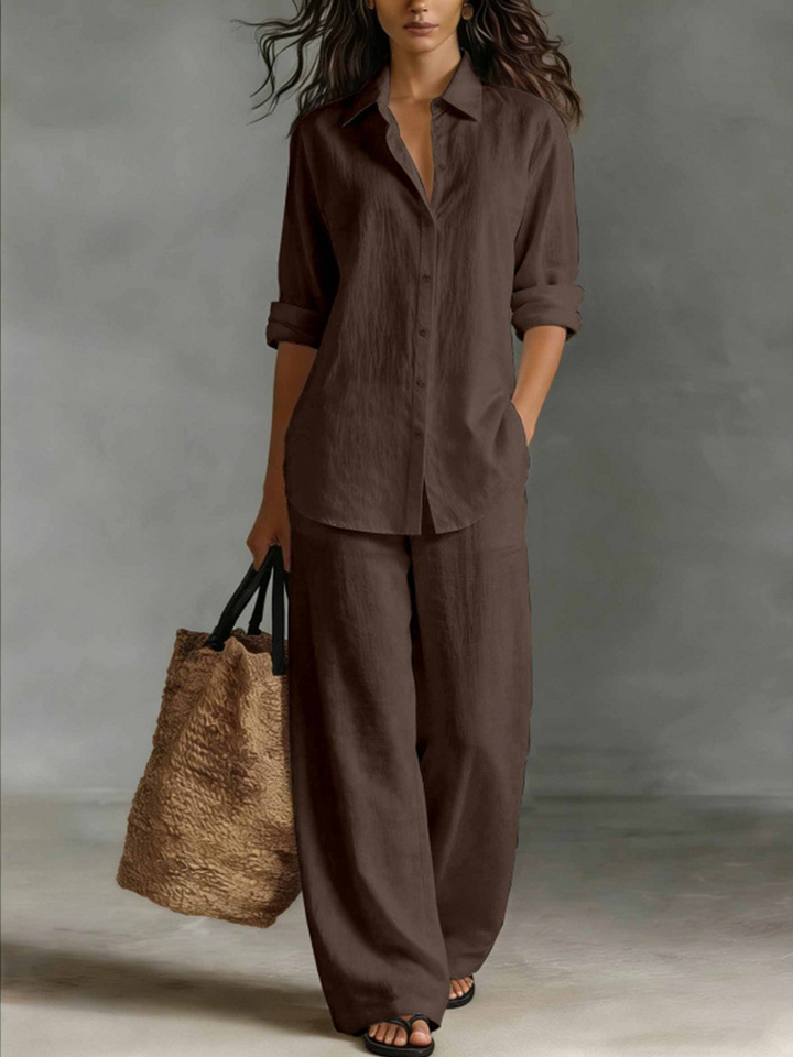 Women Linen Shirt Wide Leg Pants Vacation Two Piece Set